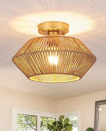 MRHYSWD Boho Deckenlampe Wohnzimmer Schlafzimmer Flur KüChe, 1-Flammige Rattan Deckenleuchte E27 Hängeleuchten & Pendelleuchten Bambus Kronleuchter Gold, Ohne GlüHbirne