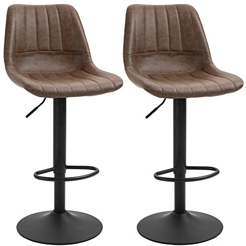 HOMCOM Barhocker 2er Set, 360° Drehbar Gepolstert Barstuhl mit Fußstütze, Lehne, Höhenverstellbar Kunstleder Tresenhocker für Küche, Wohnzimmer, Esszimmer Braun