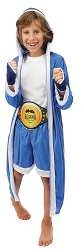 P'tit Clown - 21016 - Set de Déguisement Boxeur Enfant - Peignoir, Short, Ceinture, Sous-Gants - Pour Tenue Carnaval, Halloween, Cosplay, Fête Costumée - Taille Unique - Bleu