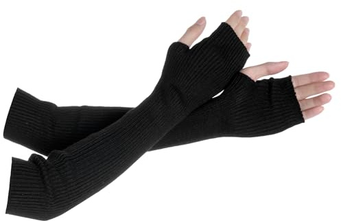 Tongcloud Arm Warmers Winter Fingerless Long Gloves for Women for Women with Thumb Hole (Black, 15.8inches)