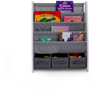 Humble Crew Children’s & Toddler Wooden Bookshelf - 4 Tier Kids Book Storage with Forward Facing Display, Deep Fabric Pockets & 3 Collapsible Bins - Grey/White