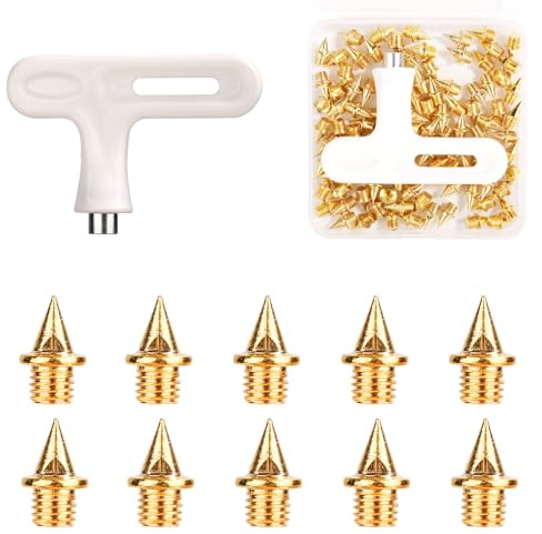 100pcs Pointes de Course, Acier Inoxydable de 0,635cm Pointe Athlétisme Sprint avec 1pcs Clé à Pointes Pointes Piste Fournitures Rechange pour Le Sport pour Le Cross-Country(Or)