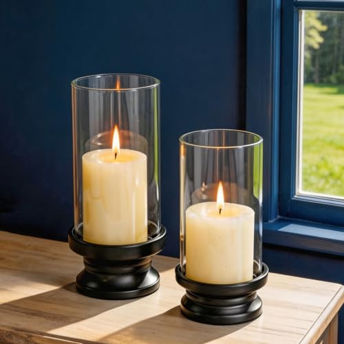 NUPTIO Portavelas Huracán Negro Juego 2 Portavelas Velas De Pilar con Funda Vidrio Transparente - Soportes Pilares Metal Decorativos Fiesta Boda Navidad Vacaciones Mesa De Comedor Centro Mesa