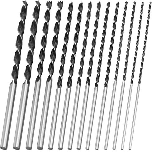 FUNSUEI Juego de 14 brocas para madera largas, diámetro 4 mm, 5 mm, 6 mm, 7 mm, 8 mm, 10 mm, 12 mm x 300 mm de largo, juego de brocas en espiral para carpintería