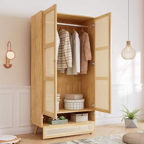 sogesfurniture Armario con barra de 2 puertas, armario de mimbre con tapa inferior abatible, para dormitorio, sala de estar