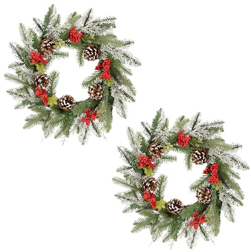 Zavothy 2PCS Corona di Natale per porta 50 cm, corona natalizia, corona artificiale con pigne e palline di Natale, corona dell'Avvento, decorazione natalizia, decorazione per la porta di casa, verde