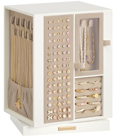 SONGMICS Scatola Portagioie, Girevole a 360°, Porta Gioielli con 4 Cassetti, Organizzatore Porta Collane Bracciali Anelli Orecchini, Idea Regalo, Bianco Crema JBC211WD01
