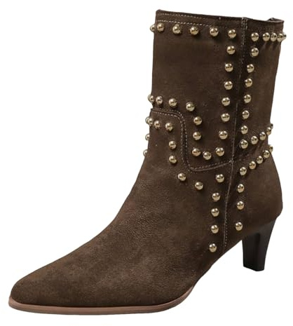 VBEDKDEB Stiefeletten Damen Stiefel Ankle Boots Damen Stiefeletten mit spitzer Zehenpartie und Stiletto Absatz, wadenlang, modisch, lässig, mit Strasssteinen besetzt Reitstiefeletten (Brown, 42)