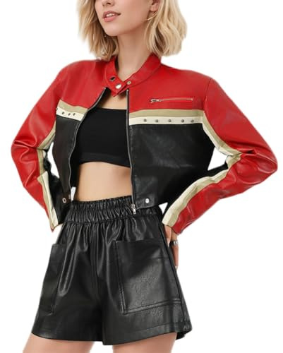 HotYou Chaqueta de Cuero Sintético para Mujer Abrigo Corto de Motociclista de Otoño Cazadora Biker Elegantes Blazer,Rojo,M