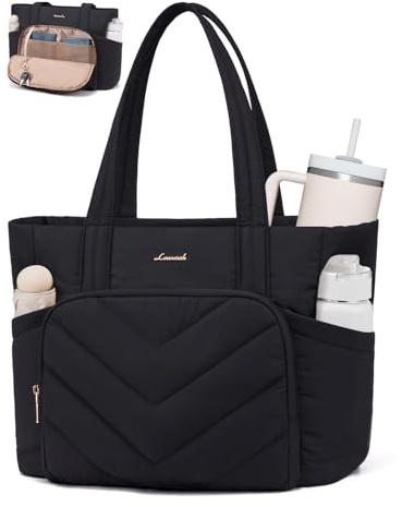 LOVEVOOK Shopper Tasche Handtasche Damen Groß, Leicht Puffer Arbeitstasche mit großem Wasserflaschenfach, 15,6 Zoll Laptoptasche Tote Bag, Lehrertasch Handbags Women für Uni Business Schule, Schwarz