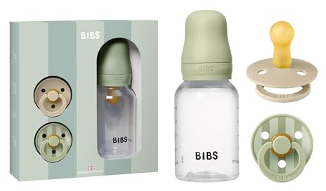 BIBS Baby Sprinkle-set, 0-6 månader, Flaska & 2 Nappar, Sage | Viktiga produkter för nyfödda | Presentfärdigt set | Tillverkad i Danmark