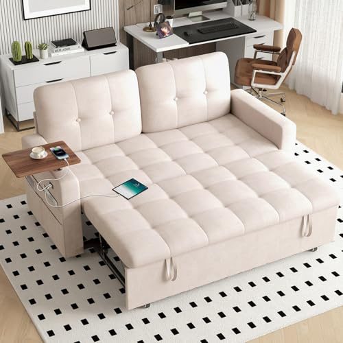 2 Seater Sofa Bed with USB & Type-C Charging Ports, 3 in 1 Convertible Corner Sleeper Chair Bed with 360° Swivel Table, 6-Position Adjustable Backrest, Pull Out Double Sofa Bed for Living Room (Beige)
