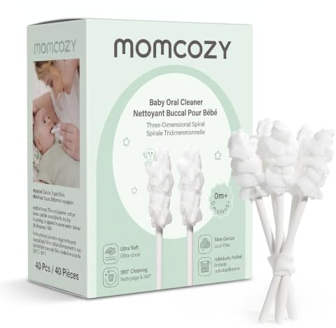 Momcozy Baby Tongue Cleaner Gauze, Disposable Infant Oral Stick 40 Count | 3D Wavy Head, Sturdy Paper Wand, Vacuum Packed, Soft Swabs