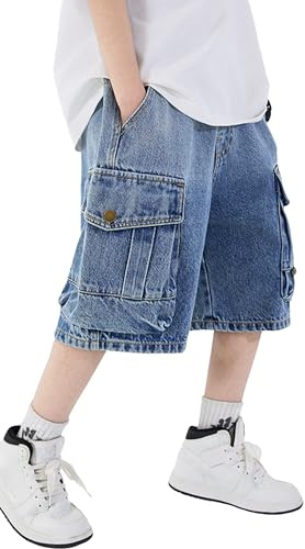 SEAUR Pantaloncini Jeans Ragazzo Pantaloni Estivi Bambino Bermuda Lunghi Baggy Corti Jeans Cargo Shorts con Tasche per Ragazzi 5-6 Anni Blu Cargo