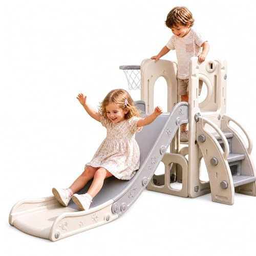 hotsizz Toboggan Enfant utilisable en intérieur et extérieur Toboggan 4 en 1 équipé d’Un Panier de Basket, d’Un bac de Rangement et d’escaliers d’Escalade,Longueur du Toboggan 136 cm