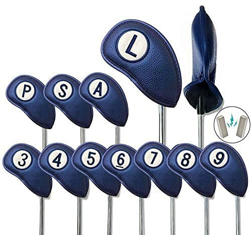 Golf Club Head Covers for Irons Magnetic Closure Value 11 pcs/Set, Double Number Printed Headcovers Deluxe Synthetic Leather Professional Thick Color Blue Fit All Brand Clubs (Blue)