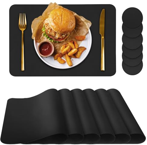 Bacgnyer Placemats Set of 6 with Coasters Wipeable Washable, Black 6