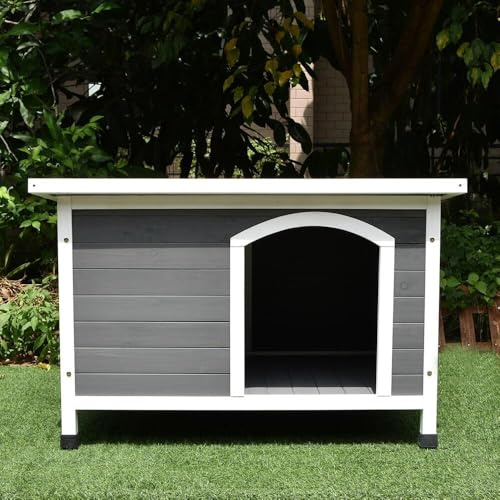 Animal Valley - Niche à Chien avec Toit Plat - Bois et Plastique - L 116 x l 82 x H 79 cm - Taille L - Gris et Blanc - pour Moyens et Grands Chiens