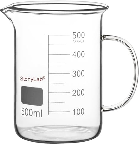 stonylab Bägare i Glas med Handtag, Graderad Griffin-bägare i Borosilikatglas, Låg Form med Pip, 500 ml, Laboratorie- och Köksbruk