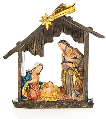 Logbuch-Verlag Piccolo presepe natalizio in resina, 9 x 8,5 cm: decorazioni Natale casa, natività con Maria Giuseppe e Gesù Bambino, statuina da tavolo elegante per interni