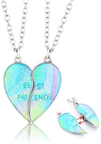 Kefley Best Friend Necklaces for 2 Girls Colorful Illusion Matching Heart Necklaces for Best Friends Gifts for Birthday Christmas Presents for Bestie Glitter BFF Friendship Necklace for Teen Girls