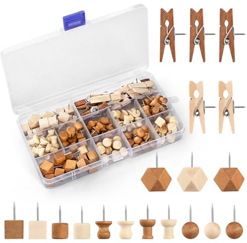GOOLADA 114Pcs Decorative Push Pins in 7 Types and 2 Colors Wooden Push Pins Cute Thumb Tacks Clips for Cork Board Bulletin Board Wall Cubicle Crafts for Office Classroom Farmhouse with Storage Box