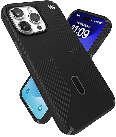 Speck iPhone 15 Pro Max Hülle – ClickLock rutschfeste Interlock, gebaut für MagSafe, Fallschutzgriff – Kratzfest, weiche Haptik, 6,7 Zoll Handyhülle – Presidio2 Grip Schwarz/Schiefergrau/Weiß