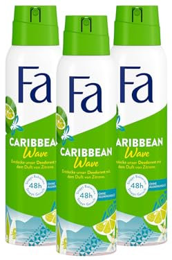 Caribbean Wave Fa Lot de 3 Déodorants en Spray (3 x 150 ml) Parfum Exotique Frais Citron, Sans Aluminium, Protection Jusqu'à 48 H