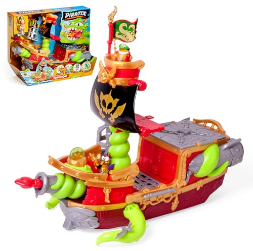 PIRATIX Le Bateau Kraken - Contient 1 Bateau Kraken, 2 Piratix & Accessoires exclusifs, 1 Projectile de Canon, 1 trésor Exclusif, 6 trésors dorés, 1 Drapeau Exclusif, 1 épée, 1 Ancre et 1 Prison.