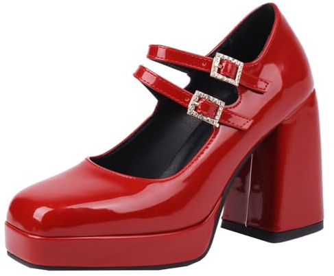 HSyc JRX Verni Mary Jane Escarpins à talon bloc avec plateforme et boucle Chaussures à talons hauts pour femme, rouge, 40 EU