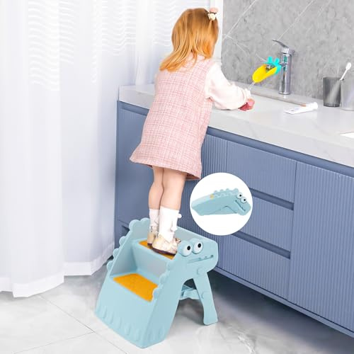 Growaystory Sgabello pieghevole per bambini, Sgabelli bambini, a 2 livelli, antiscivolo, per il bagno e la cucina (blu)