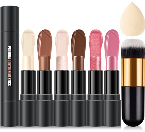 6 Colors Cream Contour Stick Makeup Kit,Shades with Highlighter,Blush,Bronzer Contour Stick for Sculpt the Cheeks,Long Lasting,Waterproof,Matte & Dewy Finish for Woman (SET A)