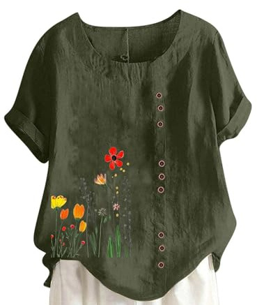 Wyongtao T Shirts en Coton Et Lin Manches Courtes Col Round Chemise Décontractée Imprimé Fleuri Mode Chemisier Femme Chic Et Élégant Tee Blouses Femmes Ample Respirant Tops Tunique Grande Taille