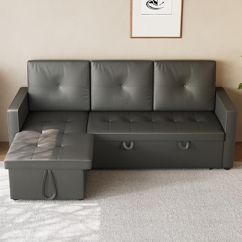 SONNI Soffa, hörnsoffa, L-form, 203 x 130 x 88 cm med sovfunktion och sänglåda, 3-sitsig i katttassläder, bäddsoffa med armstöd och sidoficka, mörkgrå, perfekt för vardagsrum och hemmakontor.