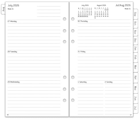 Planificador semanal 2026 2027 Personal A6, 6 agujeros, 1 semana, 2 páginas con resumen mensual, notas, contacto, agosto de 2026 – julio 2027, papel de recambio para calendario 2026/27, 95 x 171 mm