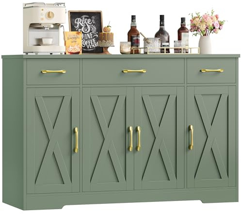 HOCSOK 140 cm Credenza Cucina, Mobile Cucina con 3 Cassetti e 4 Armadi, Buffet Mobile Moderno, Credenza Soggiorno, Mobile per Cucina Ingresso Foyer, Sala da Pranzo, Verde