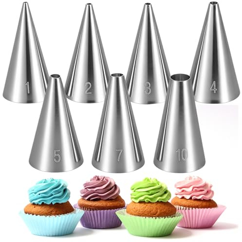 Set di 7 beccucci professionali per sac à poche in acciaio inox, beccucci rotondi, beccucci sottili per cuocere, sacchetti per panna, biscotti, pasta sfoglia, ciambelle