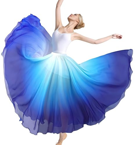 MUNAFIE Women's Chiffon Flowy Skirts Belly Ballet Dancing Long Maxi Skirt Flamenco Performance Skirt Gradient Blue