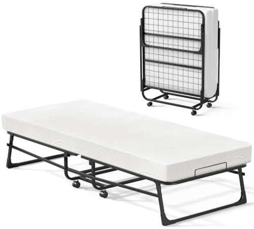 Skokliz Folding Bed with Mattress, 78.5x190 cm Portable Fold Up Bed with 12.5 cm Thick Luxurious Memory Foam Mattress & Super Strong Metal Frame, Space Saving Foldable Single Guest Bed with 4 Wheels