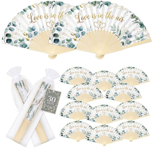 BBTO Ventagli Matrimonio Ventagli a Mano Pieghevoli Carta e bambù, Decorazioni per Matrimonio, Regali di Nozze per Gli Ospiti, Estate Feste di Compleanno Wedding Wands(30,Love is in The Air)