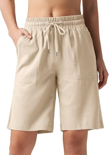 WILLIT Short en lin et coton pour femme - Bermuda court - Longueur genou - Taille haute - Confortable - Avec poches - 25,4 cm