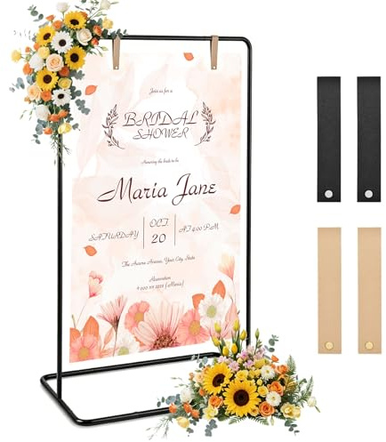 MeYuxg Soporte para placa de boda, 173 – 136 cm, placa de bienvenida ajustable, caballete de boda con 4 correas de piel, placa de bienvenida de metal para boda, plan de asiento, recepción (negro)