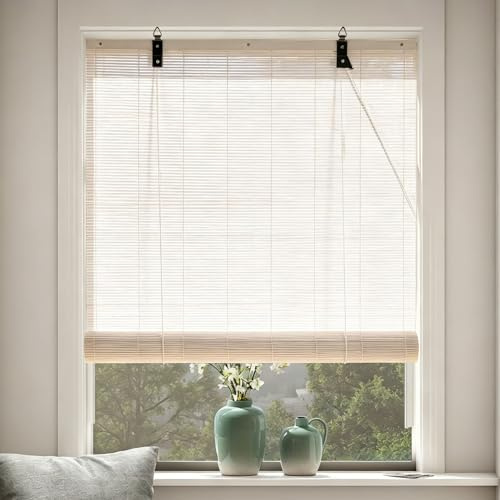 100X110cm Persiana Enrollable de Bambú Blanco Estor de bambú Cortinas Estores Privacidad Protección Rollo bambú Ventanas con Elevador para Sala de Té al Aire Libre Porche Patio