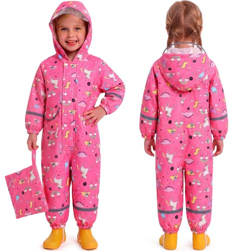 Keyck Imperméables Enfant Combinaison de Pluie Garçon Fille 1-9 Ans | Une Pièce à Capuche, Respirant Léger, Randonnée Manteau Veste, Bandes Réfléchissante, Rayure Réutilisable Outdoor Vetement