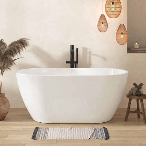 FerdY Bali 55 Freestanding Bathtub, Glossy White Freestanding soaking tub with Brushed Nickel Drain & Integrated Slotted Overflow, cUPC Certified