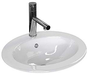 VBChome Lavabo encastrable 50 x 45 cm en céramique avec trou de robinetterie ovale Lavabo avec trop-plein à encastrer dans une plaque de salle de bain Trou de robinet sans robinet
