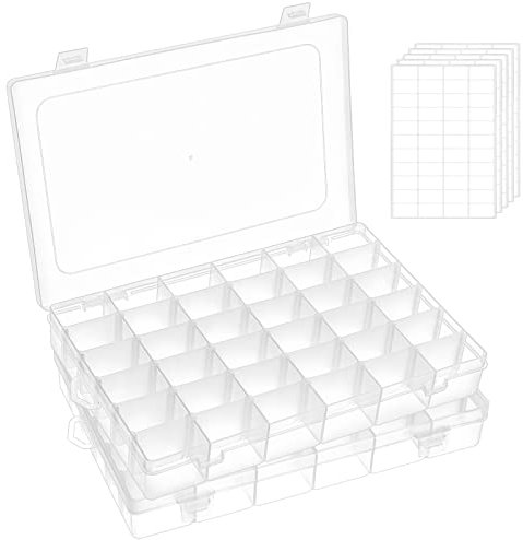 FFowcye 2 Pack 36 Grids Plastic Bead Storage Box with Adjustable Dividers, Clear Small Parts Organiser for Jewellery, Sewing, Screws, Lego, Fishing Tackle, Arts & Crafts, Hardware, Home Organisation