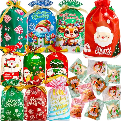 50pcs Christmas Drawstring Gift Wrap Bags Set Drawstring Xmas Wrapping Bag Xmas Gift Wrap Bag Small Medium Assorted 10 Designs 3 Sizes & About 50pcs Heat Sealable Christmas Bags