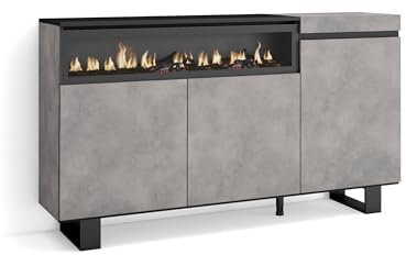 Skraut Home | Aparadores para salón | Gran Capacidad de almacenaje | 150x87x35cm | 3 Puertas | Chimenea eléctrica | Diseño Industrial | Estilo Moderno | Cemento
