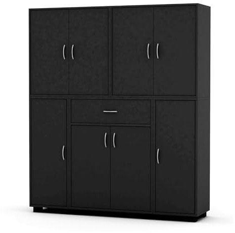 URBNLIVING 8 Door 12 Shelf Bookshelf & 1 Drawer Storage Cabinet Bookcase Cupboard Display (Black)